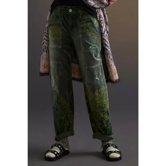 Pilcro for Anthroplogie Velvet Green Emroidered The Wanderer Pants - Picture 2 of 14